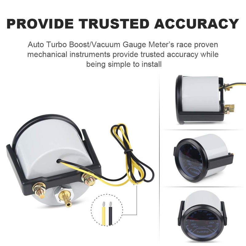 WATERWICH 35 PSI Turbo Boost/Vacuum Gauge Meter Kit Includes Mechanical Hose & T-Fitting - Black Dial - Clear Lens 2" 52mm 12V Universal for Car Truck - Image 3